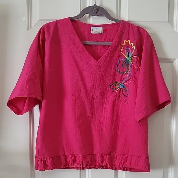 Orare Vintage Hot Pink V-Neck Top Embroidered Women Size M - Picture 1 of 8